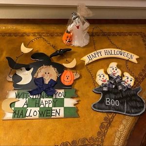 Halloween Wooden & Wire Ghost Witch Pumpkin Boo Hanging Decorations & Candle